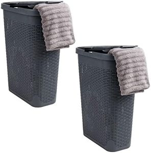 Mind Reader Slim Laundry Hamper with Lid, 40L Clothes Basket, Narrow Tapered Design with Ventilated Cutout Pattern, Plastic, Set of 2, Gray