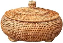 Round Rattan Boxes with Lid Hand-Woven Multi-Purpose Wicker Tray 8.6Inch Picnic Food Bread Table Storage Basket (22x13cm)