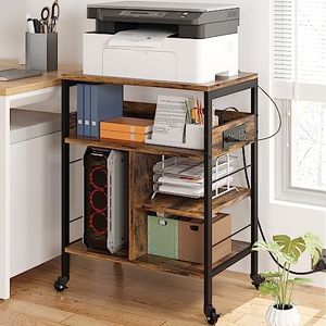 Amyove Printer Stand with Charging Station, Large Printer Table with Storage, PC Tower Stand, 4 Tier Rolling Printer Stand with Wheels for Desktop CPU, Small Space, Home Office, Rustic Brown