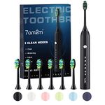 7AM2M Sonic Electric Toothbrush for Adults and Kids, One Charge for 90 Days, with 6 Brush Heads, 5 Modes with 2 Minutes Build in Smart Timer, Roman Column Handle Design (Black)