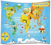 A.Monamour Cartoon Animal World Map For Kids Geography Education Abstract Art Décor Textile Fabric Wall Hanging Tapestry Curtains Tablecloth Bedspread Beach Towel 40"x60"