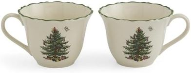 Spode Christmas Tree Punch Cups - Set of 2 Holiday Mugs for Espresso, Tea, Coffee - 8 Oz Porcelain Cups with Scalloped Rim, Christmas Design - Microwave & Dishwasher Safe