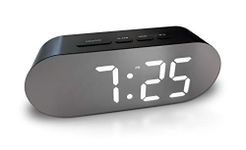 Digital Alarm Clock - Mains Powered, Big Digit Mirror Display, No Frills Simple Operation Alarm Clocks, Bedside Alarm, Snooze, Non Ticking, Full Range Brightness Dimmer, Two USB Charging Ports (Black)