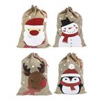 Christmas sacks (35 x 50 cm Medium Size) – Pack of 4 Drawstring Goody Gift Bags for Christmas Treats 4 Designs Santa Snowman Reindeer Penguin