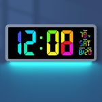 16" Large Colorful Digital Wall Clock | 7 Night Lights | 5 Dimmer, Big LED Display with Day of Week | Date | Indoor Temperature | DST, Clear Read Clock for Living Room Bedroom Office Gym Farmhouse