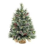 Mini Christmas Trees with Flocked Pine Needles, Pine Cones, Berries Decoration, 2 Ft Decorated Burlap Trees with 25 Led Lights, Kitchen Tabletop Artificial Pre Lit Christmas Tree 24"