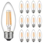 Bioluz LED 60 Watt Candelabra Bulbs Medium Base, Candelabra Bulbs, Dimmable Filament Clear 60 Watt LED Bulbs (Uses only 5 watts), E26 Base, C37 LED Filament Candle Bulbs, Pack of 12