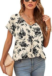 QUEZHU Summer Blouses for Women Elegant Casual V Neck Chiffon Blouses Tops Shirts, Floral White, Small