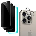 ESR for iPhone 15 Pro Max Privacy Screen Protector Set, Anti-spy Tempered-Glass Privacy Screen Protector, Micro-curved Edges, Case Friendly, 3-Pack with 1 Set of Individual Camera Lens Protectors