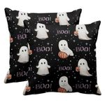 Bayson Set of 2 Halloween Cute Ghost Throw Pillow Covers Happy Orange Pumpkins Boo Stars Black Decorative Pillow Cases Home Decor Standard Square 18x18 Inches Pillowcases