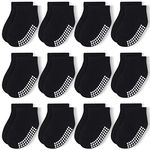 JAKIDAR 12 Pairs Baby Socks Non-Slip Toddler Socks With Grips for Baby Boys Girls - Ankle Low Cut Cotton Socks for Babe and Kids, Black 2-4T