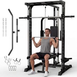 Smith Machine with Bench, Heavy Duty Power Cage Squat Rack with Smith Bar, LAT Pulldown System, Chest Station & More Training Attachment, Home Gym Equipment for Strengthen Training