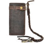 Mens Wallet with Chain Leather Long Bifold Trucker Wallet Vintage Biker Money Clip with Zipper Brown Size: Long