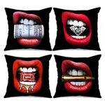 Tucocoo Fashion Decorative Pillow Covers 18x18 inches Set of 4 Women Sexy Red Lips with Diamond Dollar Money Throw Pillow Cases Modern Square Cushion Cases for Sofa Couch Car Bed Home Decor Gifts