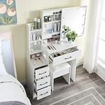 Makeup Vanity Desk with Lights & Table Set, Bedroom Vanity Table with Plug Outlets Power Station, White Vanites with Lighted Mirror, 6 Storage Drawers, Desk and Chair Stool Vaniy Set for Girls