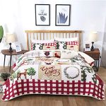 WONGS BEDDING Christmas Quilt Set King Rustic Christmas Tree Snowman Cardinal Holiday Wreath Pattern Bedding Solid Bedspread Coverlet with 2 Pillow Shams for All Season, Soft Microfiber Quilt 103"x90"