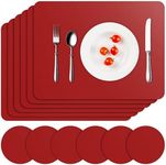 APLKER Placemats Set of 6, Faux Leather Heat Resistant Place Mats for Dining Table, Waterproof Washable Table Mats and Coasters, Indoor & Outdoor Kitchen Table Placemats, Red
