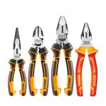 INGCO 4Pcs Pliers Set, 8" High Leverage Combination Pliers, 6" High Leverage Diagonal Cutting Pliers, 6" High Leverage Long Nose Pliers, 7" Insulated 1000V Combination Pliers HKPS28458