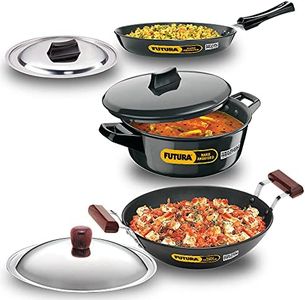Hawkins Aluminium Futura 3 Pieces Cookware Set 1, Induction Cookware Set - Hard Anodised Frying Pan, Kadhai And Cook-N-Serve Bowl With One Hard Anodised Lid, Black (Iaset1)