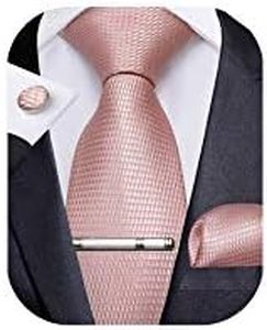 DiBanGu Mens Blush Pink Tie Set Silk Plaids Necktie Handkerchief Cufflinks Tie Clip with Gift Box