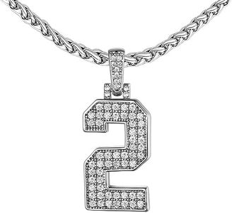 FindChic Number 2 Chain Platinum Plated Cubic Zirconia Diamond Necklace for Men Silver Pendant Necklace for Sports Athletes