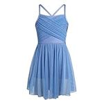 dPois Girls Lyrical Ballet Dance Dress Spaghetti Cami High-Waist Ruffled Ballerina Skirt Ballroom Dancing Costume Light Blue 11-12 Years