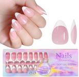 French Gel Nail Tips -150Pcs French Tip Press on Nails Pink Medium Almond 3 in 1 X-coat Tips Pre-applied Base Coat, No Need to File Fake Nails for Nail Art DIY 15 Sizes (Medium Almond)