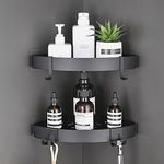 TRUSTLIFE Bathroom Corner Shelf Black Adhesive Shower Caddy Organiser Space Aluminum Wall Mounted Bath Shelves No Drilling with Hooks for Wetroom - 2 Pack