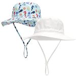 Mini angel Baby Sun Hat Kids Summer UPF 50+ Sun Protection Hat Beach Wide Brim Hat Bucket Hat for Toddler 2 Pcs(White+Blue Seahorse, 12-24Months)