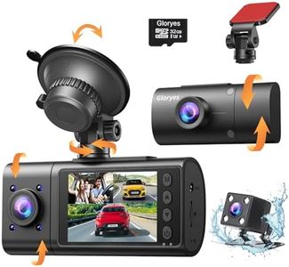 2025 Gloryes 3 Channel Dash Cam with Free 32G Card, Triple Vital Dash Cam Front and Rear Inside, Interior Car Camera with IR Night Vision, Loop Recording, 24Hr Parking Monitor
