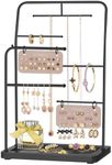 SONGMICS Jewelry Stand, Jewelry Organizer, Jewelry Display Holder with Metal Frame, 2 Earring Boards, 6 Hanging Rods, Necklace Earring Bracelet Holder, for Rings, Christmas Gift, Ink Black