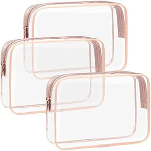 F-color TSA Approved Toiletry Bag 3 Pack Clear Toiletry Bags - Clear Makeup Cosmetic Bags for Women Men, Quart Size Travel Bag, Carry on Airport Airline Compliant Bag, Rose Gold
