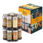 Premier Housewares Rotating Spice Rack with Spices Included, 2 Tier Organiser, 16 Glass Jars, Free Standing Kitchen Storage, 360° Revolving Seasoning Holder, Space Saving Rack 48.6 x 32.1 x 23.5 cm