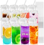 Joyclub 20 oz Glass Cups with Acrylic Lids and Straws 16pcs Can Shaped Glass Iced Coffee Cups with Lids, Drinking Jar Glasses Cute Tumbler Cup Great for Smoothie Soda Boba Tea Cocktail Beer Gift