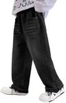 Rolanko Boys Baggy Jeans, Wide Leg Elastic Waist Denim Pants Loose Fit Trousers Vintage Y2K Streetwear (Black PocketEmbroidery, 6-7)
