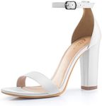 ElElax Women's 4 Inches Block High Heels Sandal, Nude Black Silver, Ankle Strap, Open Toe, for Wedding, Party, Prom, White Pu, 9.5