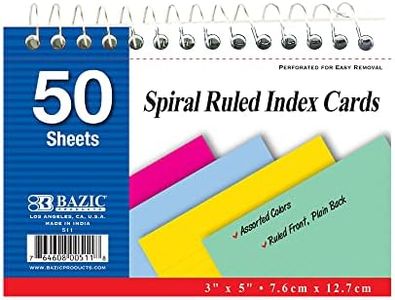 BAZIC Products Ruled Index Cards Book 3" X 5" 1800 Count, Spiral Bound Memo, Assorted Color Flashcards, Ruled Lined Card for Memory Reminder (50/Pack), 36-Packs