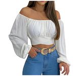 AMhomely Woman's Strapless Long SleeveSolid Color Off Shoulder Ruched Lantern Sleeve Crop Tops Vintage Work Shirt UK Size, White #2, M