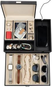 HOUNDSBAY Mens Jewelry Box Nightstand Organizer - Everyday Carry Valet Tray for Men - Watch and Jewelry Box for Men with Large Smartphone Charging Station - Mens Jewelry Organizer & Valet Box