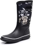 WTW Women's Rubber Rain Boots - Mid Calf Waterproof Insulated Neoprene Muck Boots Outdoor Hunting Garden Boots for Women, White Flower, 9