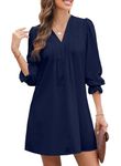 Dokotoo Womens Dress Summer Ruffle Long Puff Sleeve Sundress V Neck Fall Dresses Casual Party Loose Flowy Swing Shift Dress Holiday Outfits Mini Navy Blue Dress for Wedding Guest X-Large