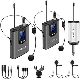 Hotec Wireless System with Dual Headset Microphones/Lavalier Lapel Mics and Bodypack Transmitters and One Mini Rechargeable Receiver 1/4" Output, for Live Performances