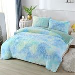 PERFEMET 3 Pcs Long Faux Fur Fluffy Full Comforter Sets Colorful Tie Dye Shaggy Furry Green Bedding Set for Girls Soft Plush Velvet Rainbow Bedding Quilt Set(Green, Full)