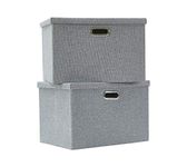 AlphaHome Extra Large Storage Box with Lid, Collapsible Linen Fabric Storage Baskets with Galvanized Metal Handles, Set of 2 (Glaucous Grey, 44x31x29cm)