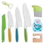 Vaktop 8PCS Kids Kitchen Knife Set Toddler Knife for Chopping, Plastic Children's Cooking Knives Serrated Edges with Potato Slicer, Peeler and Kids Apron for Fruit, Vegetables, Bread, Salad Knives