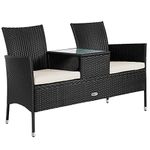 CASARIA® 2-Seater Polyrattan Garden Bench Including Table And Cushions | 143x55x88cm | 320kg Capacity | Weatherproof Loveseat Patio Balcony Furniture | Outdoor Cinema Seat | Black