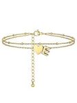 PROSTEEL Women Heart Anklet, E Letter Initial Ankle Bracelet, Adjustable Double-Layer Foot Chain for Beach Summer, Gold Plated 316L Stainless Steel (with Gift Box)