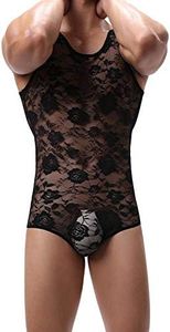 Men's Sheer Lace Lingerie Bodysuit Floral Sissy Thong Leotard Sleeveless Singlet Crossdresser One Piece Nightwear, Black, Large