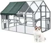 GarveeLife Large 3-Tier Outdoor Cat House, Small Animal Enclosure with 2 Lockable Cat Doors and a Walk in Door, Large Catio with Half Waterproof Cover, Portable Kitty House with Resting Boxes