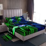 Gamepad Kids Sheet Twin Size,Modern Videogame Gaming Controller Bedding Set,Boys Girls Room Decor,Geometric Honeycomb Hexagon Blue Green Fashion Bed Sheet Set 3pcs(Fitted + Flat + 1 Pillowcase)